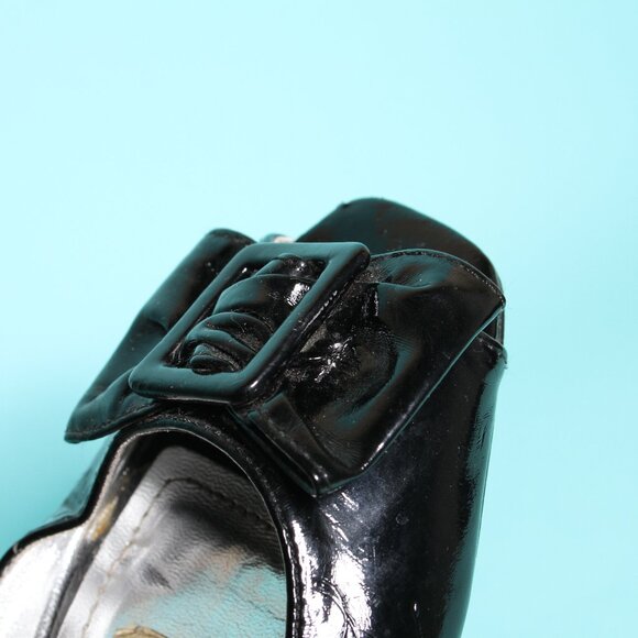 Peep Toe Bow Tie Flats Shiny Patent Black 7 - Picture 7 of 9